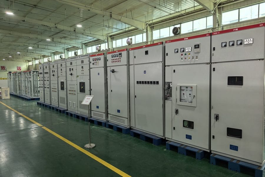 Medium voltage switchgear lineup during factory assembly